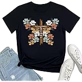 Women Christian T Shirts Vintage Butterfly Graphic Short Sleeve Jesus Tee Tops