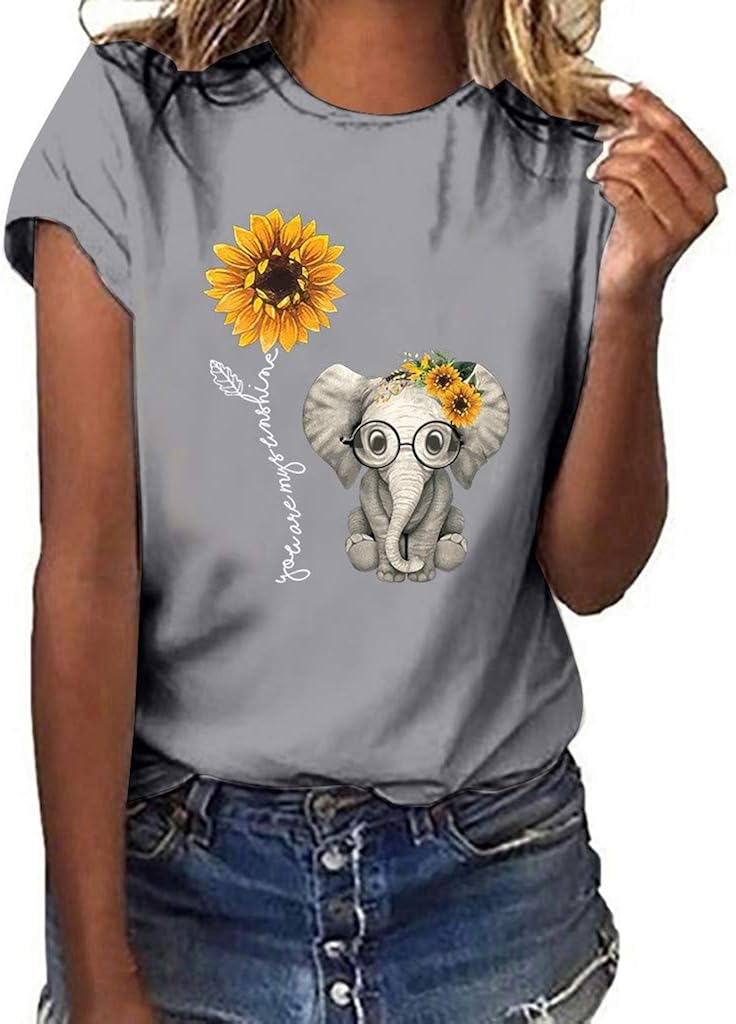 Meikosks Women's Cute Graphic Printing T Shirt Short Sleeve Round Neck Tunic Loose Sunflower Tops