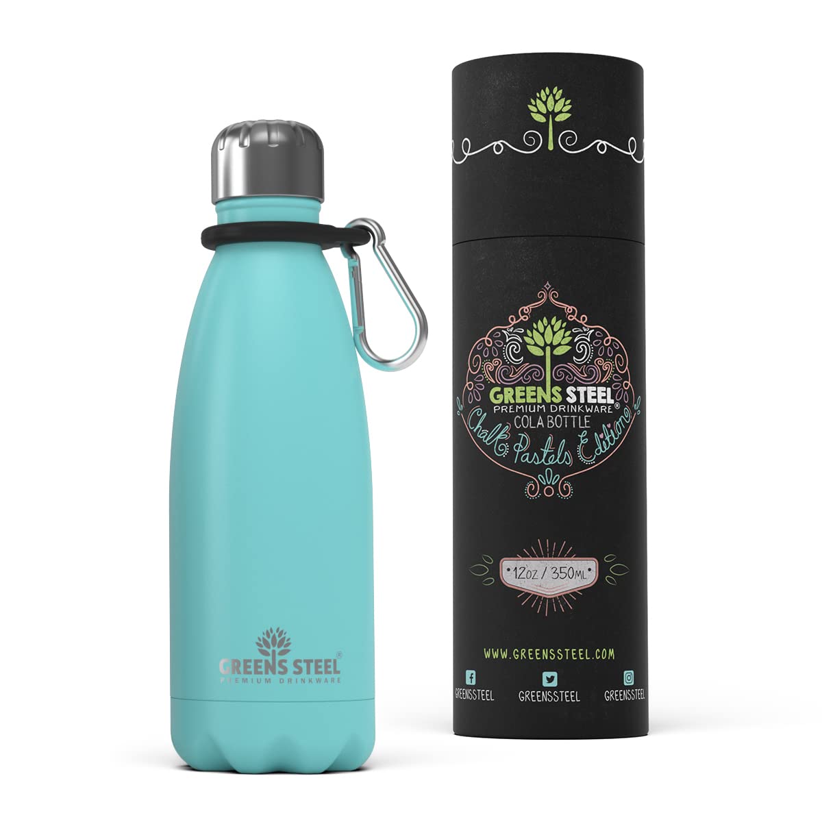 Greens Steel Stainless Steel Water Bottle - 350ml, Aqua Blue | Double Wall Vacuum Insulated Flask | Carier Holder & Gift Box Included | Reusable, Leak Proof Sports Bottle for Adults & Kids