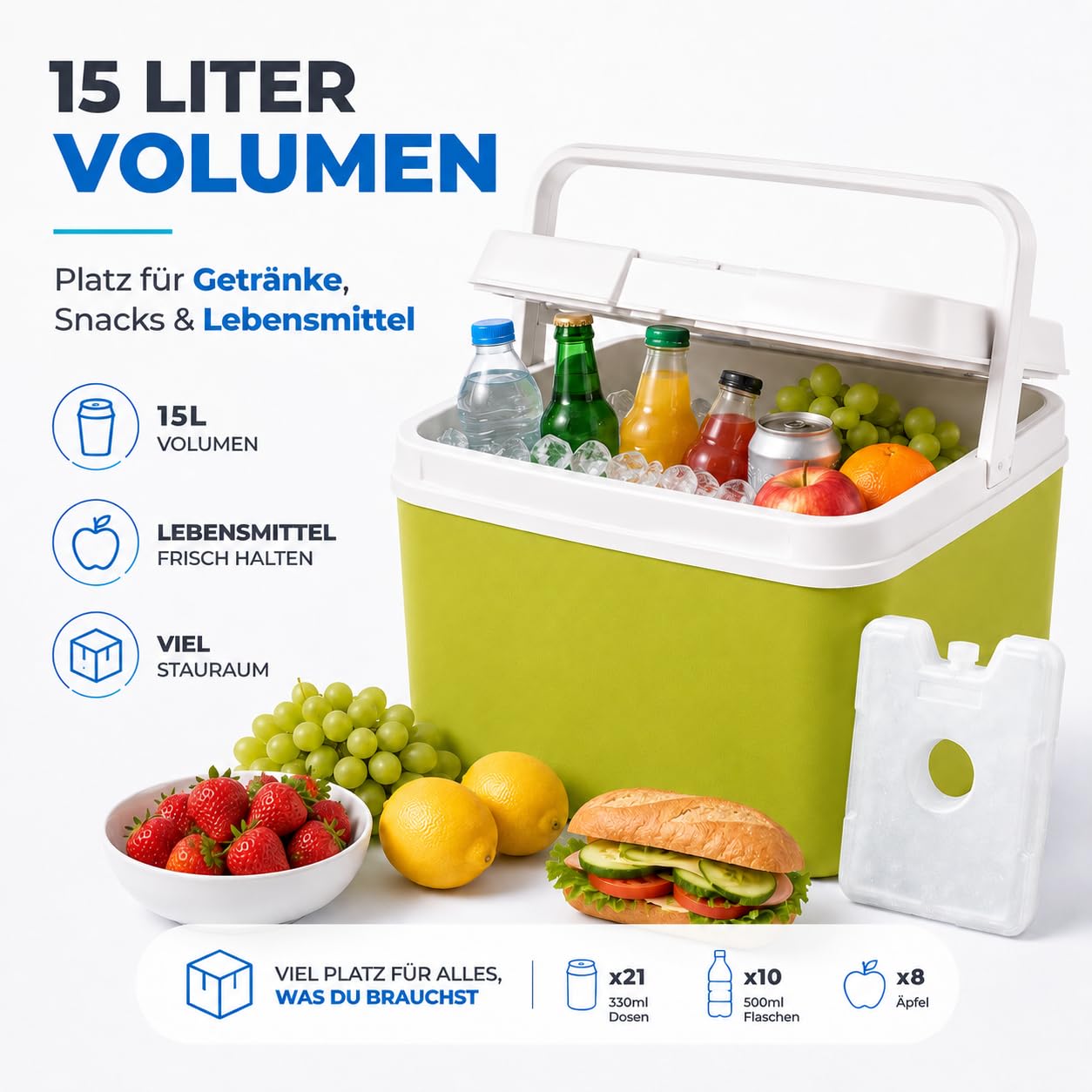 Kühlbox 15 Liter mit mobilen Kühlakku/Kühlelement für extra Lange Kühlung - Kühltasche/Thermobox (Grün) 3