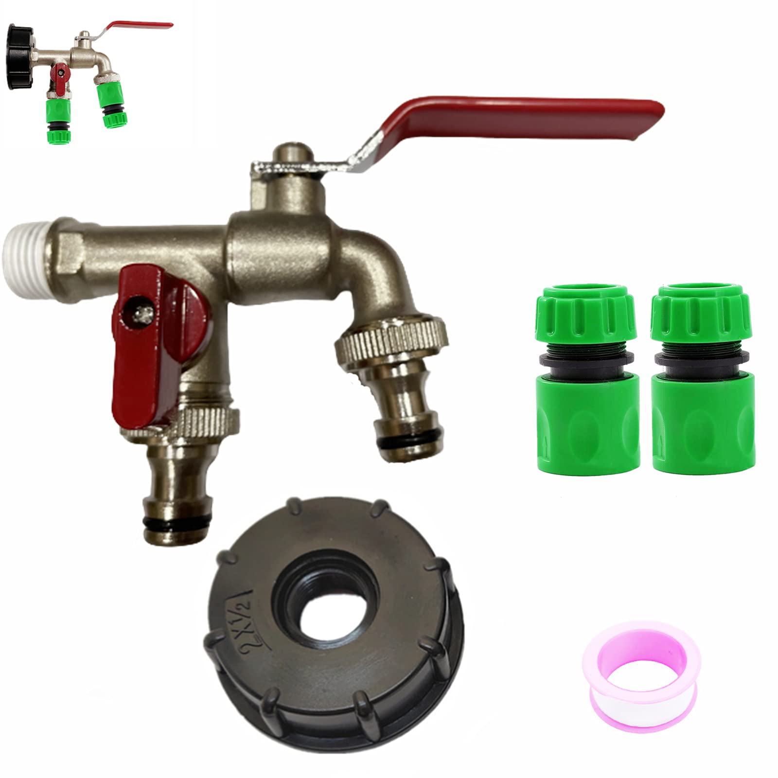 Water Butt Tap Replacement Kit,1/2"Brass Double Tap IBC Tank Fittings,Water Butt Hose Connector Rain Barrel Tap Kit, IBC Tank Valve Adapter for S60X6 Water Storage Tank Tap Replace Valve Fitting Parts