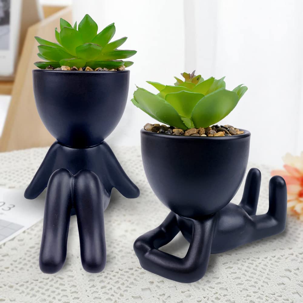 ODIWEN 2 PCS Mini Fake Succulents Mini Artificial Succulent Desk Plant in Pots, Artificial Plants with Creative Human Shape Pots, Decorative Fake Succulent Faux Plastic Plant Indoor
