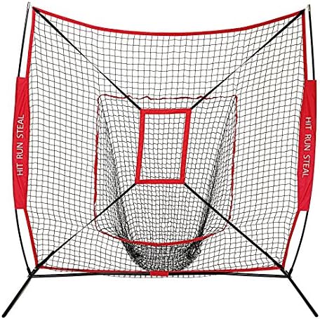 Baseball And Softball Practice Net 7 X 7 With Bow Frame Made By Hit Run Steal-Easy Set Up And Take Down-Comes With Carry Bag (Red With Strike Zone)