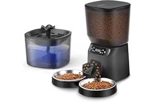 CORGOTE Automatic Cat Feeder and Water Fountain, 5L/20 Cups Timed Cat Dry Food Dispenser, 10s Meal Call, 20 Portions 6 Meals Per Day, 2L Cats Fountains for Drinking with Filter, Pet Feeder for Dog Black