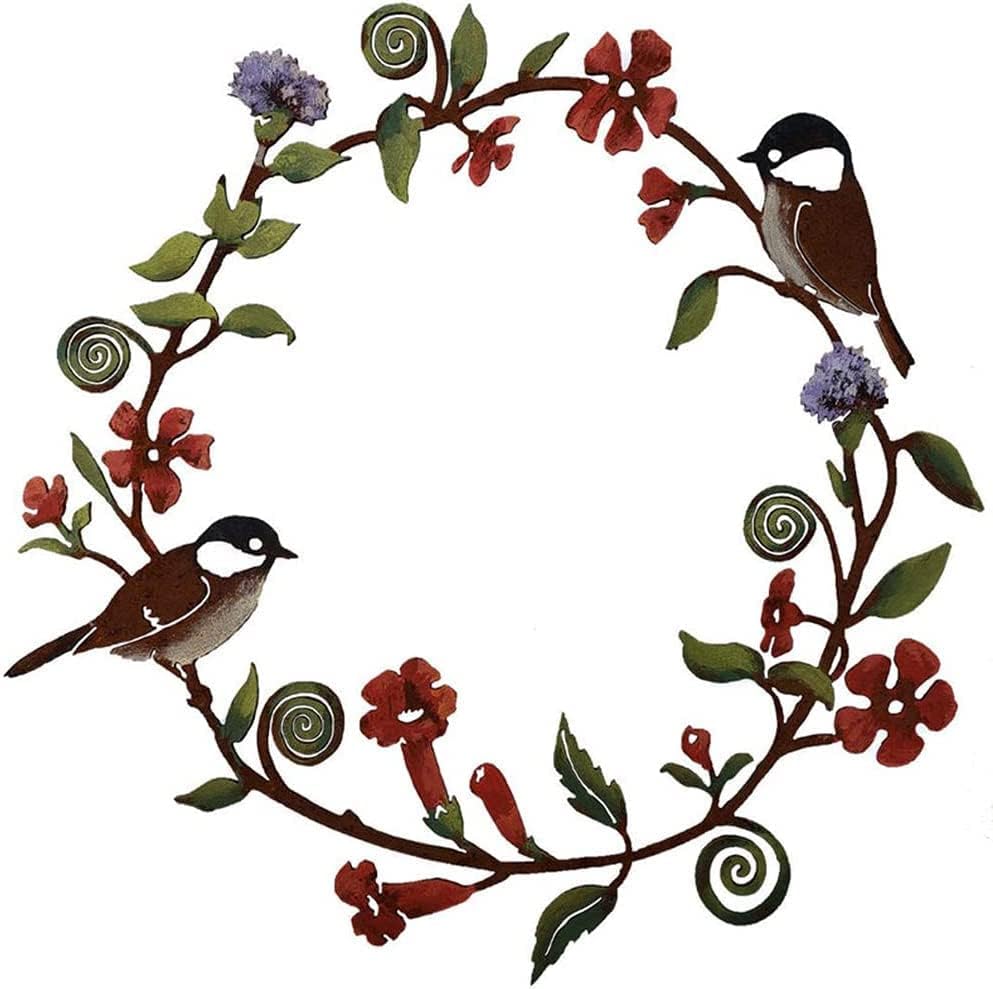 Plaques & Wall Art - Chickadees & Flowers Wreath Wall Art - Hand Painted,Home and Garden Hanging Metal Birds with Flowers,Wreath Artwork for Window,Garden, Yard, Outdoor Farmhouse Decor Porch Decoration