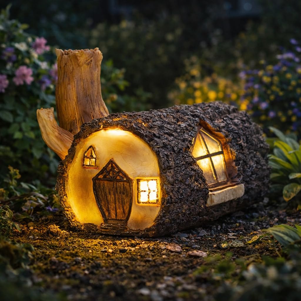 garden mile Solar Powered Light Up Log Fairy House Garden Solar Lighting Indoor Outdoor Ornament Wood Effect Resin Decoration - solar lights outdoor garden