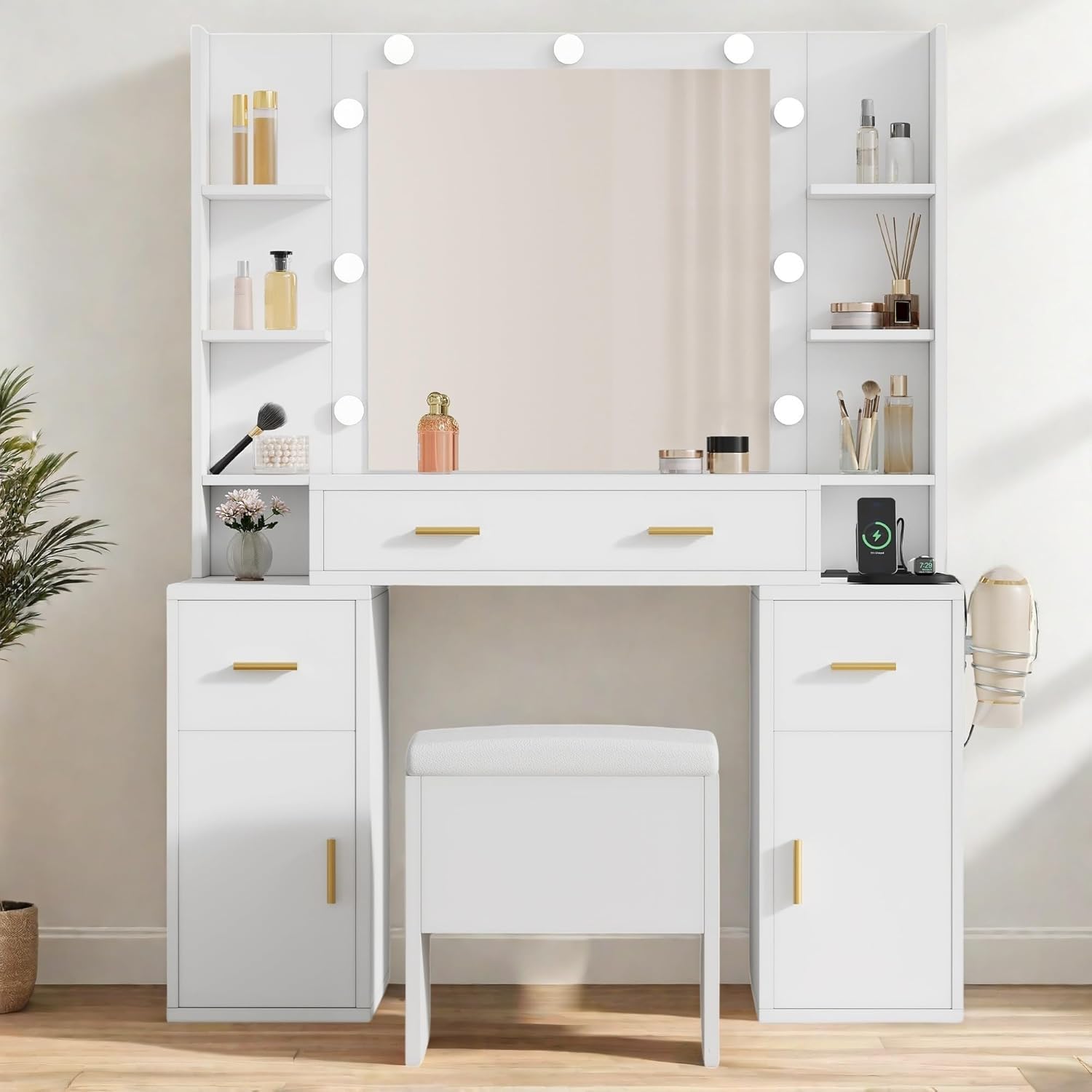 Photo 1 of **MISSING PARTS** YITAHOME Vanity Desk with Mirror, Makeup Vanity Set with LED Lights and Power Outlet, Dressing Table with Drawers, Shelves, Cabinet, Storage Bench, 3 Color Modes Available, Snow White