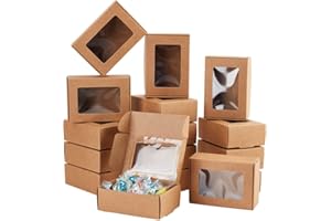 BENECREAT 30 Pack 3.3x2.3x1inch Rectangle Brown Kraft Paper Boxes with Clear Window for Wedding Party Favor Treats, Bakery, Valentine's Day Jewelry Gift Packaging