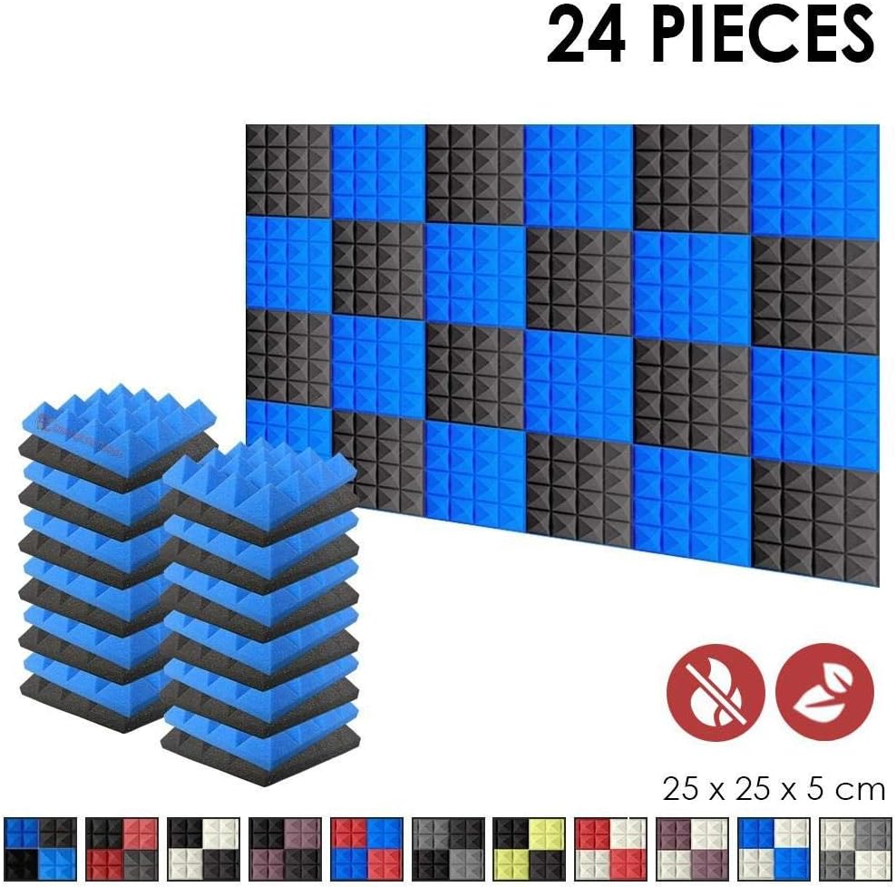 Arrowzoom 24 Acoustic Panels Pyramid Sound Absorbing Treatment Tiles 25x25x5cm Recording Studio 500-8000hz Noise Cancellation Walls Dampening 26kg/m3 Foam Fire Retardant Soundproofing Black Blue 1034