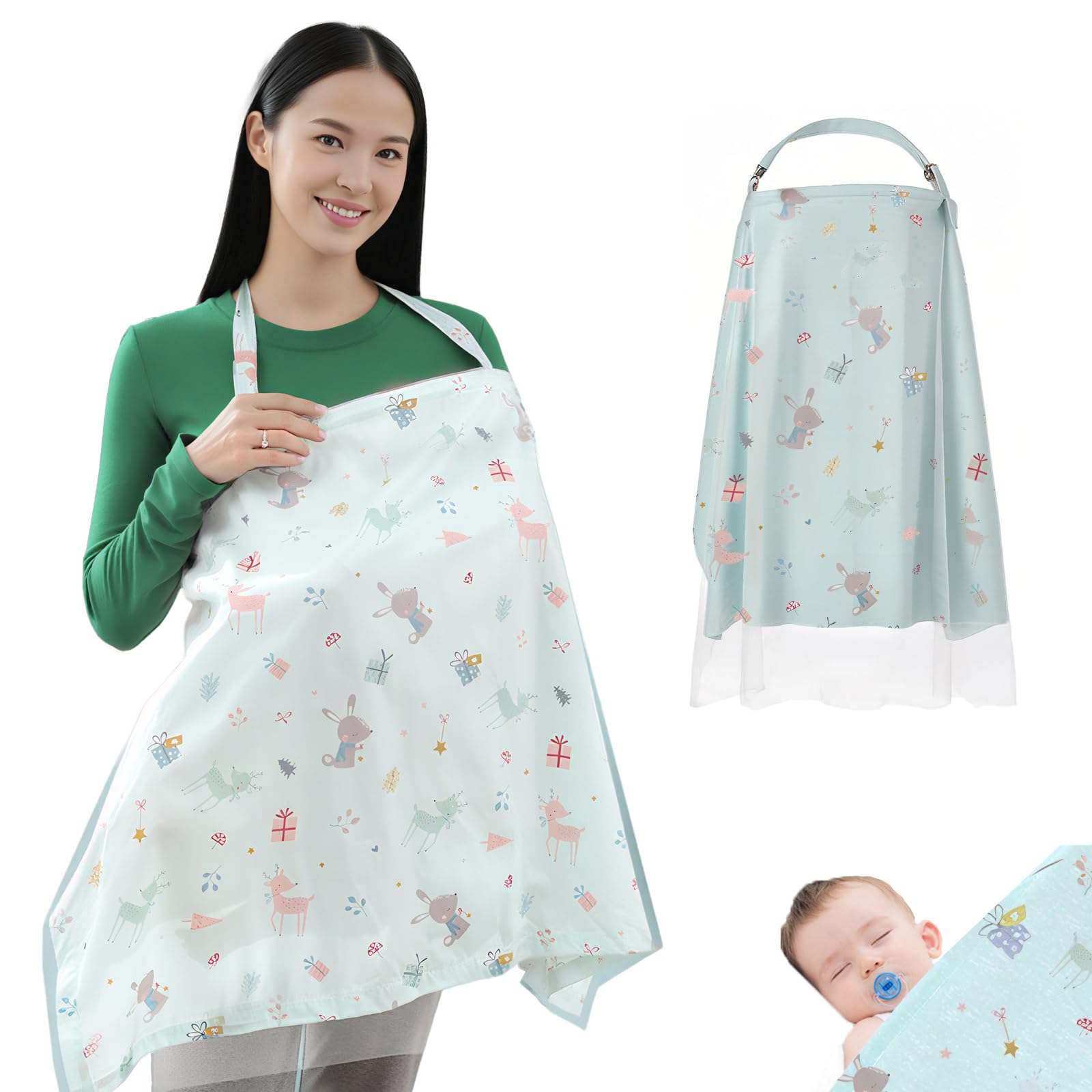 Photo 1 of 100% Cotton Nursing Cover with Support Ring & Mesh Layer, Breathable Nursing Cover Up for Breastfeeding, Adjustable Arch Neckline Breastfeeding Apron for Women (Green, Qionglin Green Sea)