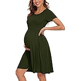 WOOXIO Women's Short Sleeve Maternity Dress Patchwork Pregnancy Clothes with Pockets