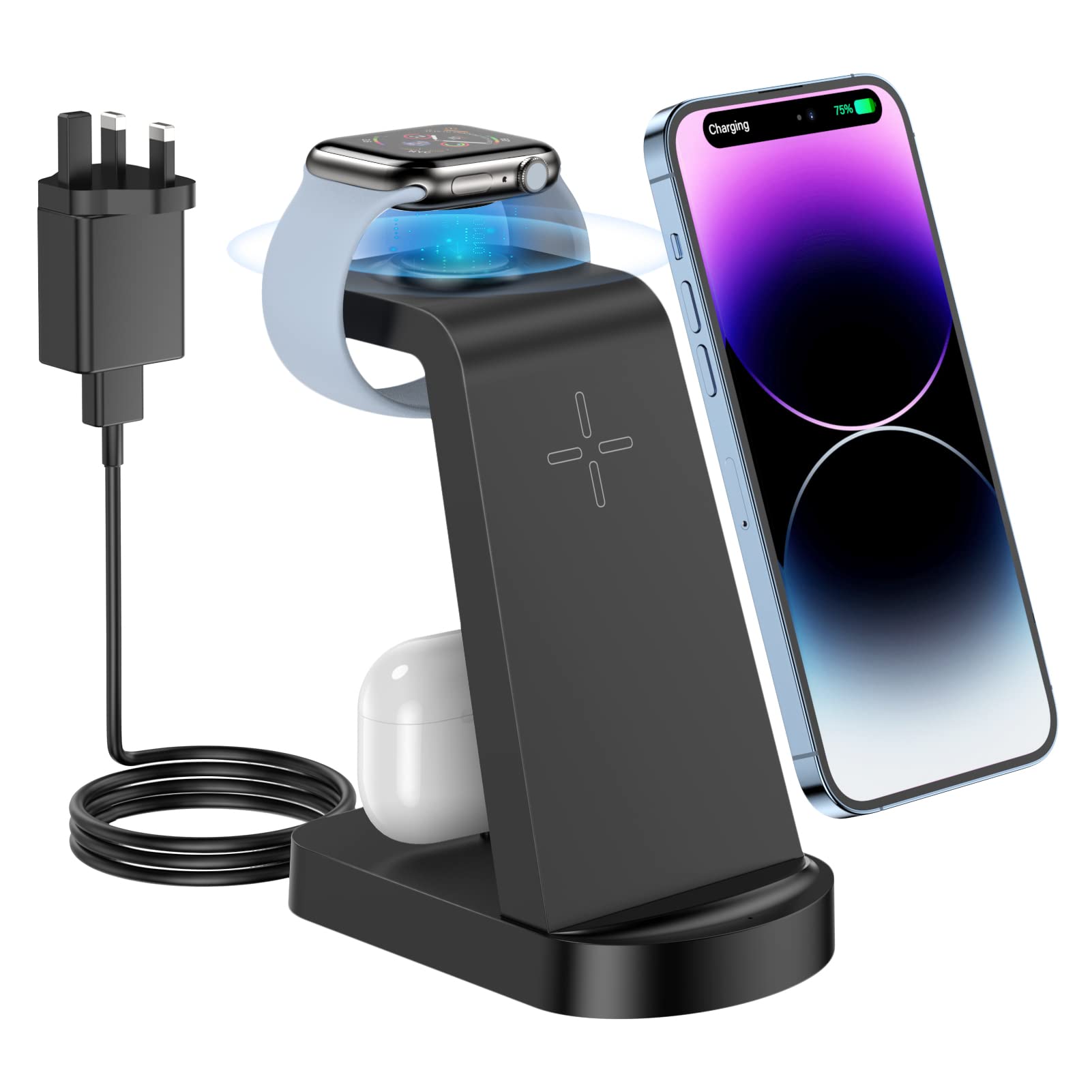 Wireless Charger, CKCN 3 in 1 Fast Wireless Charging Station for i Phone 14/13/12/11 Pro Max/XS, Phone Watch Charger for Apple Watch 8/7/SE/6/5/4/3/2, Charging Stand Dock for Airpods Pro/3/2