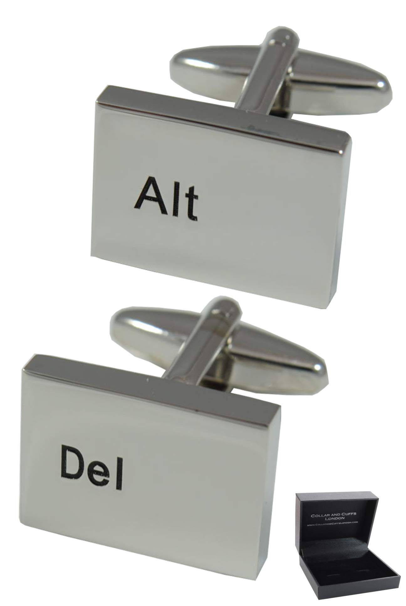Cufflinks for Men + Presentation Box - Novelty - Alt Del Computer Keyboard - Brass Metal - IT PC Key Rectangle Modern - Silver Colour - One Pair