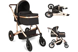Trenana 2 in1 Baby Stroller,High Landscape Infant Stroller,Reversible Bassinet Stroller,Adjustable Backrest & Canopy,Foldable Aluminum Alloy Anti-Shock Stroller for Newborn (Gold-Black)