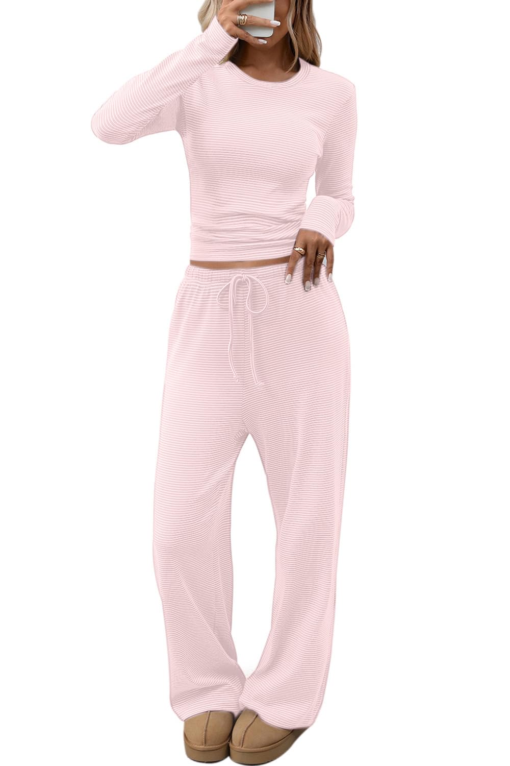 Photo 1 of CHYRII Women Shirts Palazzo Pants Fall 2 Piece Outfits Sets Matching Suit Tops Long Pants Sets Tracksuit Pink S