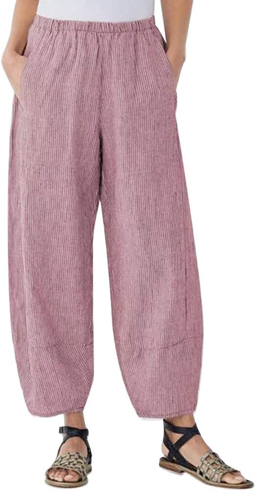 Fashion Womens Casual Solid Pocket Elastic Waist Loose Linen Pants Trousers