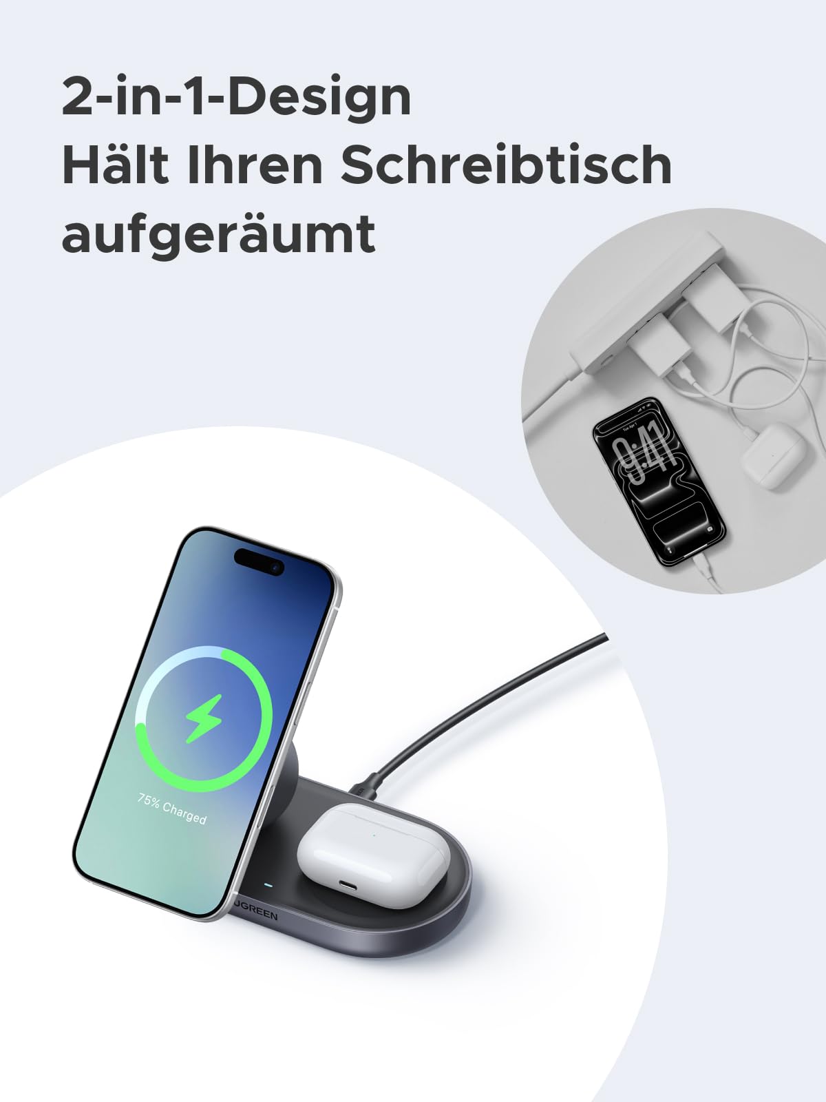 UGREEN Zapix 2-in-1 Magnetisches Kabelloses Ladegerät 15W, Qi2 zertifizierte iPhone Ladestation kompatibel mit MagSafe für iPhone 17/16/15/14/13/12 Serie & AirPods, mit 1M Kabel - Schwarz 8