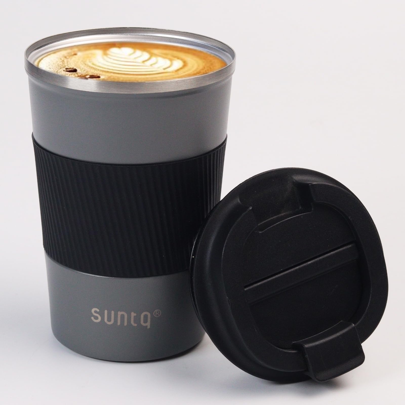 SUNTQ Reusable Coffee Cups Travel - Coffee Travel Mug with Leakproof Lid - Thermal Mug Insulated Cup - Stainless Steel Travel Cup with Rubber Grip - for Hot and Cold Drinks, 13oz/380ml Gray/Black