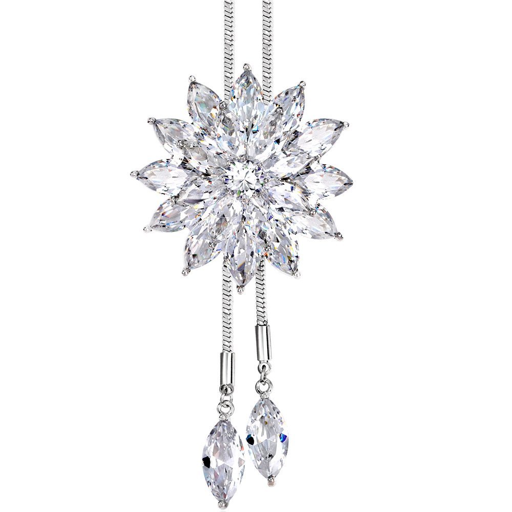 Women Crystal Necklace Snowflakes Pendant Jewelry White Gold Plated Long Chain Sweater Necklace Winter Outfit Decorations