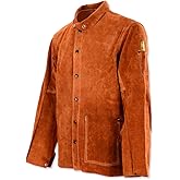 QeeLink Leather Welding Jacket - Flame-Resistant Heavy Duty Work Welder Jackets - Split Cowhide Welding Coat for Men Women