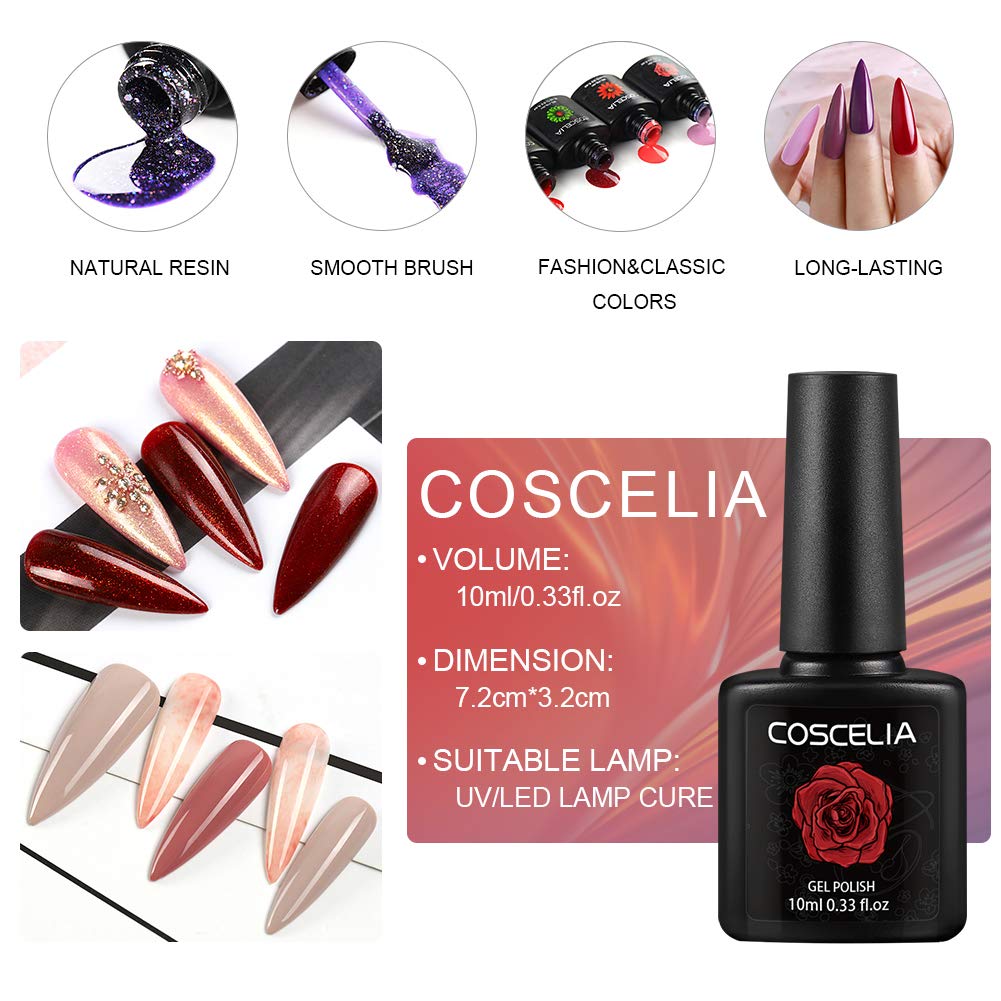 Coscelia Gel Nail Polish Set 8 Colors Fall Gel Nail Polish Glitter Red Green Blue Nude Colors Popular Pastel Fall Collection U V LED Soak Off Gel Polish Nail Art Manicure Kit for Salon Home DIY : Beauty