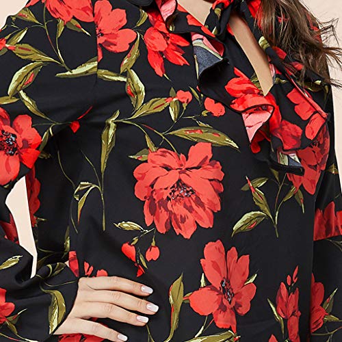 jiumoji Women Trumpet Sleeve Blouse Frint Tie Neck Floral Printing Tops Large Size Loose Elegant Shirt (-Red, XXXL)