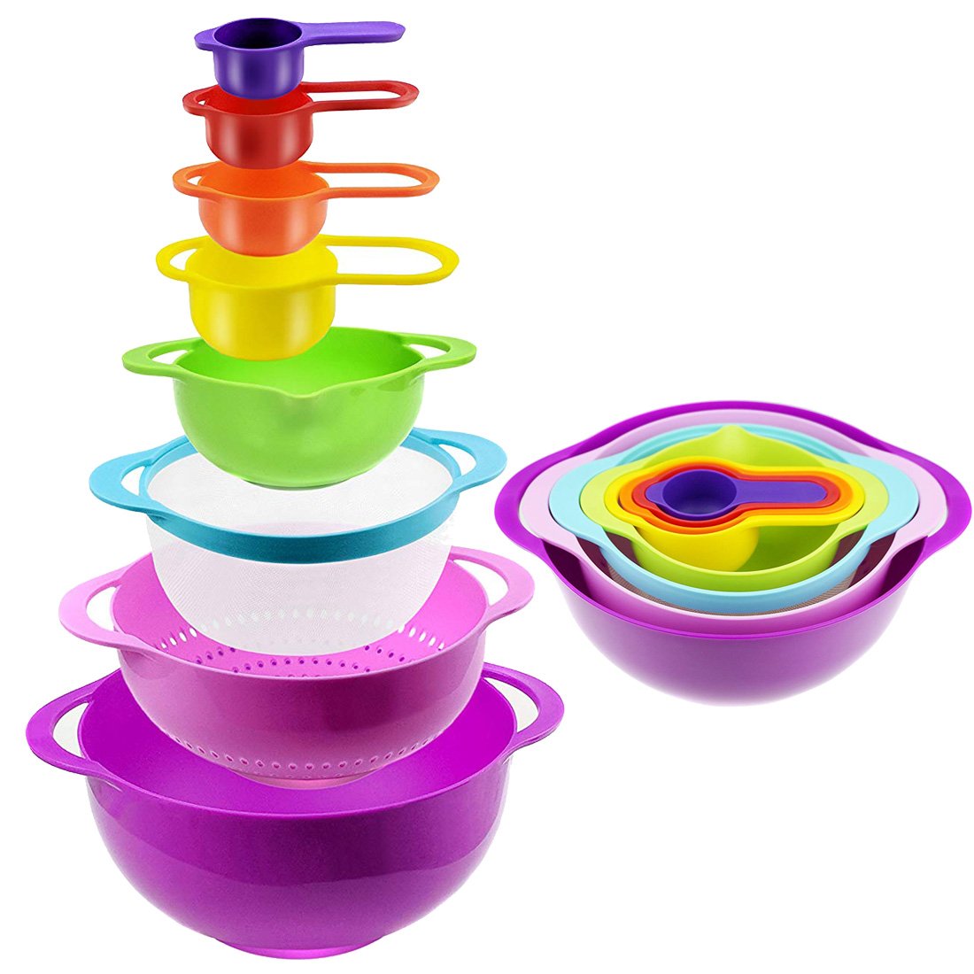 8 pc Color Compact Food Prep Nesting Mixing Bowl Set Plastic - with Non Slip Bowls, Colander, Sieve and Measuring Cups Stackable Kitchen Dishwasher Safe Salad, Cake and Bakery, Vegetable, Fruit