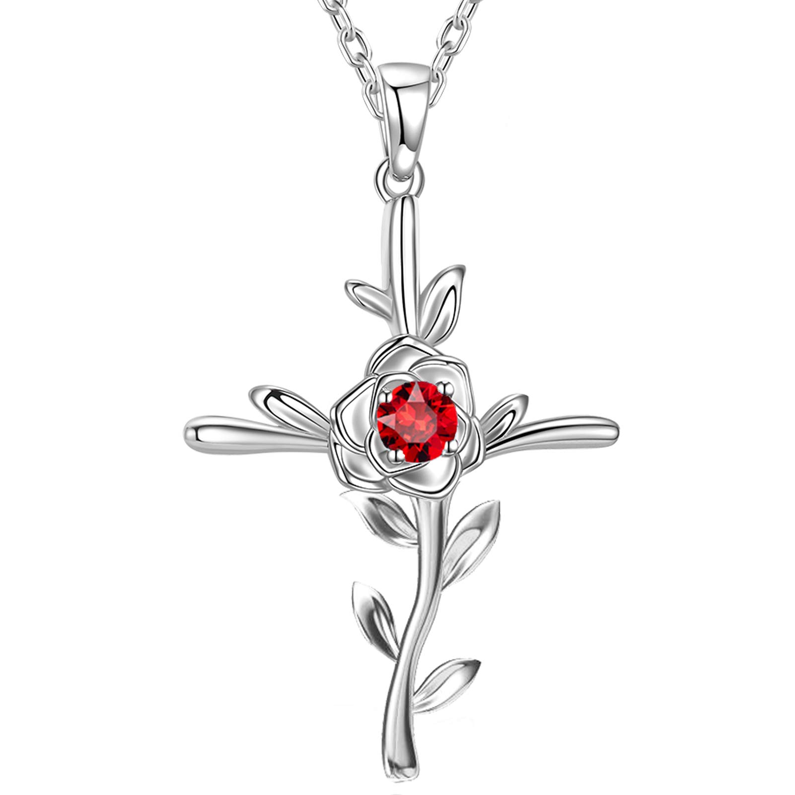 GinoMay Mothers Day Birthday Gifts for Women January Birthstone Necklace Garnet Mum Wife Love Rose Flower Hope Leaves Jewellery Sterling Silver — image 1