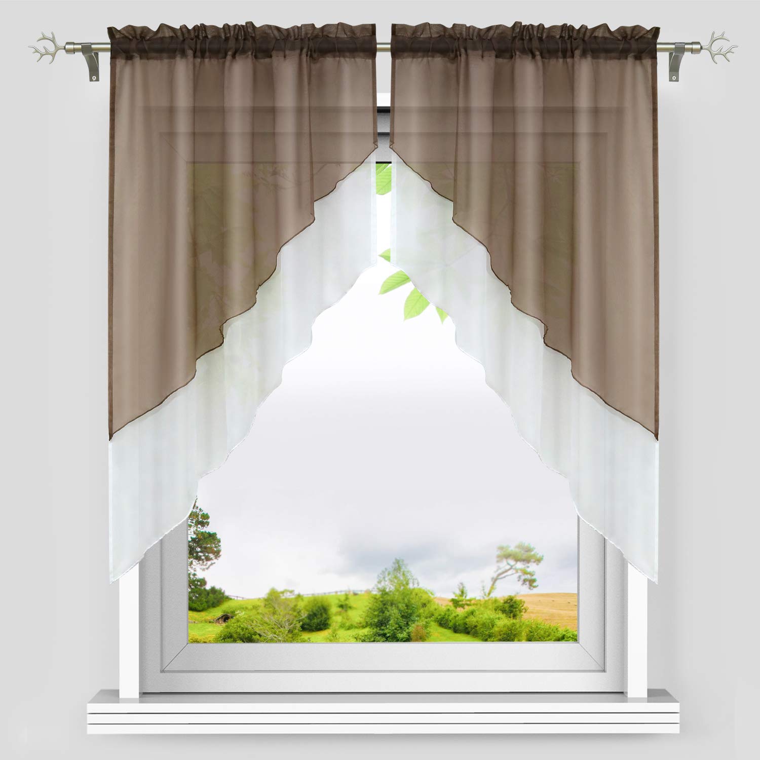 Heichkell Voile Panel Curtain Bow Set 2-Piece Small Window Curtain Drawstring Short Curtains Double Layer Kitchen Curtains Brown W x H 120 x 125 cm (Each)
