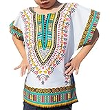 RaanPahMuang Unisex Bright African White Children Dashiki Cotton Shirt, 10-12 Years Tall, Verdigris Blue White