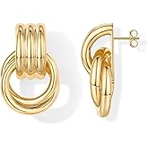 PAVOI 14K Gold Plated Door Knocker Statement Earrings for Women - Chunky Gold Earrings for Women - Trendy Mixed Metals Bold Knot Drop Dangle Jewelry