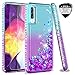 LeYi Compatible with Samsung Galaxy A50 Case with 2PCS Tempered Glass Screen Protector for Girls Women, Glitter Clear Phone Case for Samsung A50 Teal/Purple