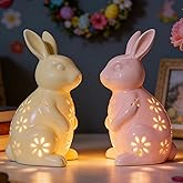 WDS WONDROUS Easter Decorations Light Up Bunny Figurines - 2PCS LED Ceramic Rabbit Statues Decor with Floral Cut-Outs, Glowing Easter Spring Home Decor for Farmhouse Tabletop Shelf Sculpture
