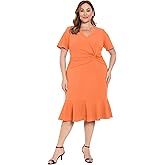 London Times Womens Women's V-Neck Short Sleeve Twist Waist Cocktail Dress - Elegant Knee Length Wedding Guest Party Dress