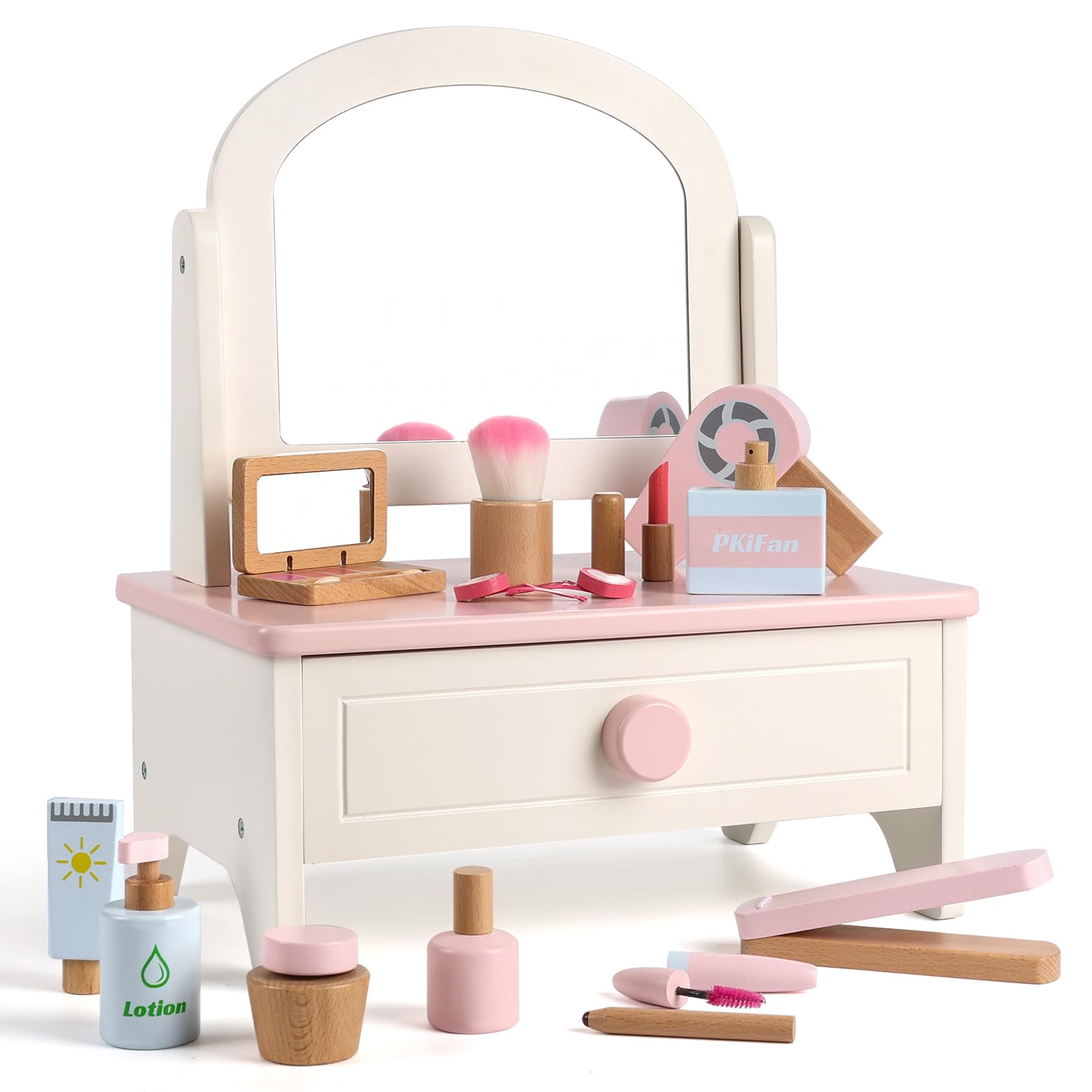 View 1 of **MISSING PIECES**PKiFan Wooden Makeup Toy Set for Girls Ages 3-6 | Toddler Vanity Set with 14 Safe Accessories | Pretend Makeup & Beauty Salon Play | Kids Dress Up Tabletop Toy for Bedroom & Playroom