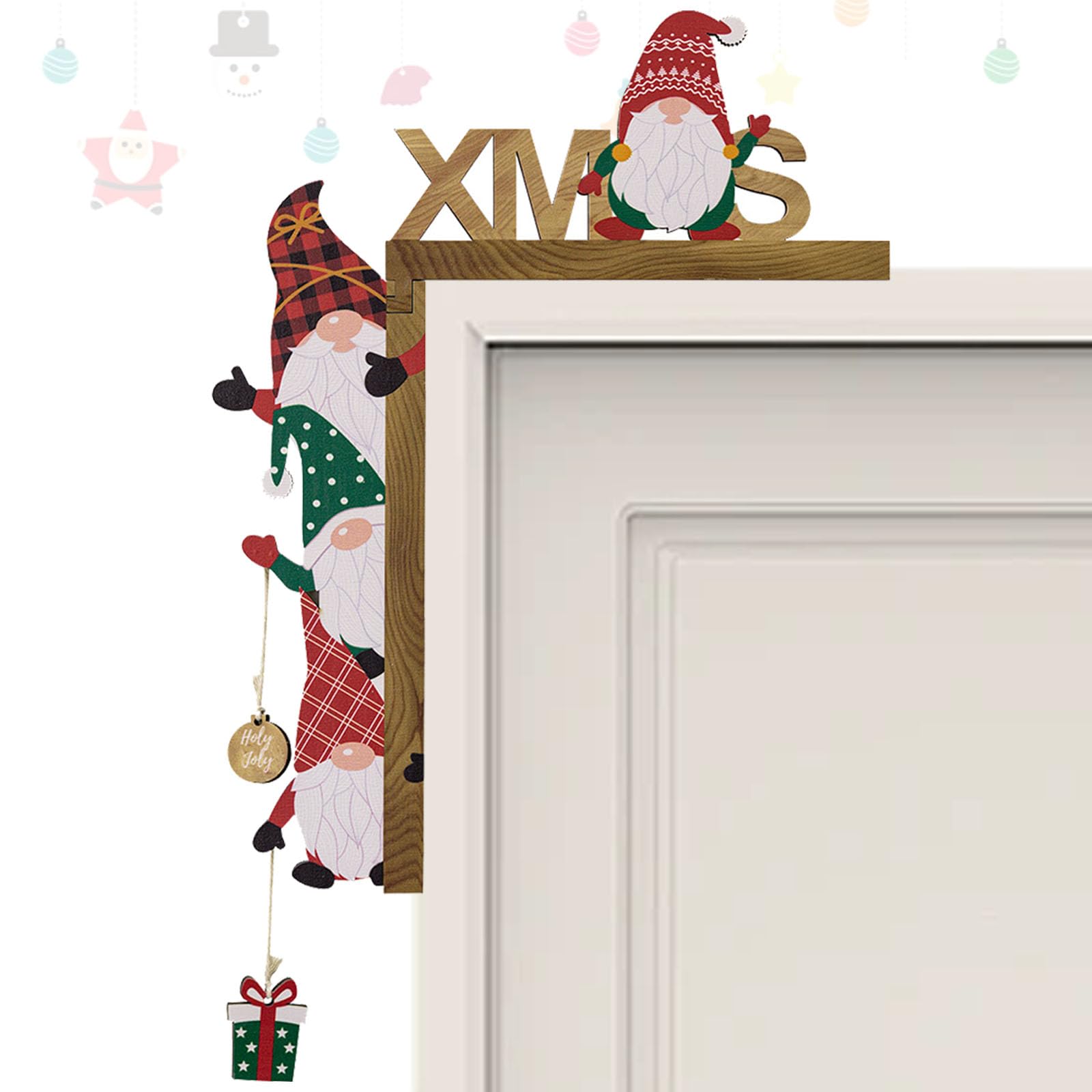 KASESSS Christmas Door Frame Decorations, Wooden Christmas Door Decorations, Cute Midget Figurine for Doors Frames with Round Sticker, Funny Doors Topper Decor Frames, DIY Craft for christmas Decor