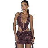 Women's Sexy Halter Bodycon Mini Dress Ombre Draped Twisted Tie up Backless Dress Ruffled Trim Rave Party Dresses