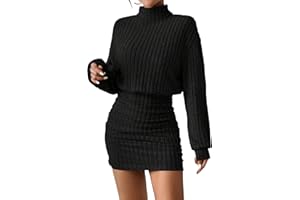 HBQ Women's Pullover Sweater Dress Long Lantern Sleeve Turtle Neck Cute Ribbed Knit Bodycon Mini Short Dress 2025 Fall