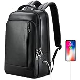 BOPai Genuine Leather Backpack for Men Multi-Function Backpack 15.6 inch Business Laptop Backpack Travel Smart Rucksack with USB Charging Anti Theft Backpack Office Black