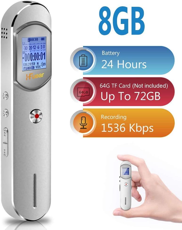 Voice Recorder, 8GB(64G TF card) 1536 Kbps USB Digital Dictaphone Voice Recorder with Mp3 Player, Portable Auto Voice Activated, Password Protection, A-B Repeat for Meetings,Lectures,Interviews