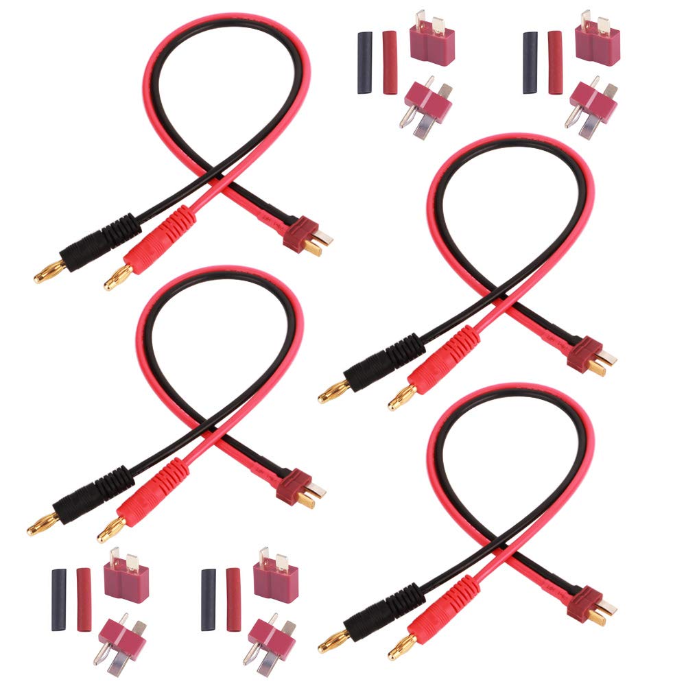 GTIWUNG 4 Pack T Plug Connector Deans Style with 14AWG Silicon Wire(30CM), 4mm Banana Plugs Battery Charge Lead Adapter Cable, 4 Pairs Deans T-Plug Connectors with 8pcs Shrink Tubing
