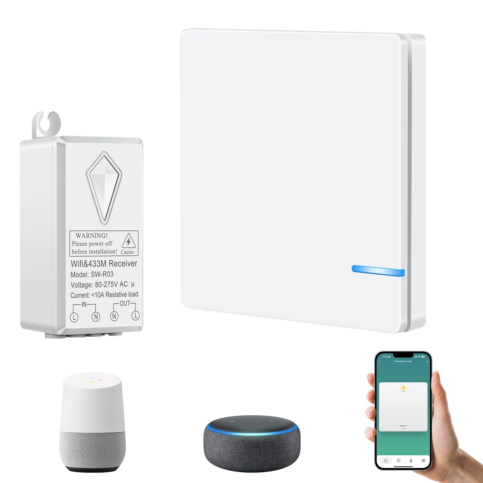 NineLeaf Wireless Smart Light Switch with Receiver,No Wiring Required,Schedule and Timer,Voice Control with Alexa & Google Assistant,Multi-Way Switches for Home Lighting (1 Switch + 1 WIFI Receiver)