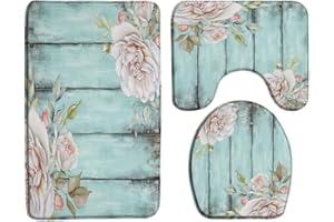 ZKJSMGS Rustic Teal Floral 3 Piece Bath Mat Sets,Wildflower Pink Flower Vintage Teal Old Shabby Wooden Board Retro Blush 16"x24"Bath Rug,Toilet Seat Cover, U-Shaped Toilet