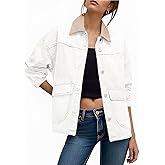 Tankaneo Womens Oversized Denim Jacket Casual Contrast Canvas Collar Button Down Jean Jackets with Pockets