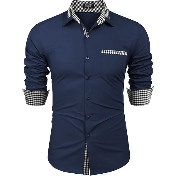 COOFANDY Camisa de vestir de manga larga para hombre, cuello a cuadros, camisas casuales con botones, Negro, XS