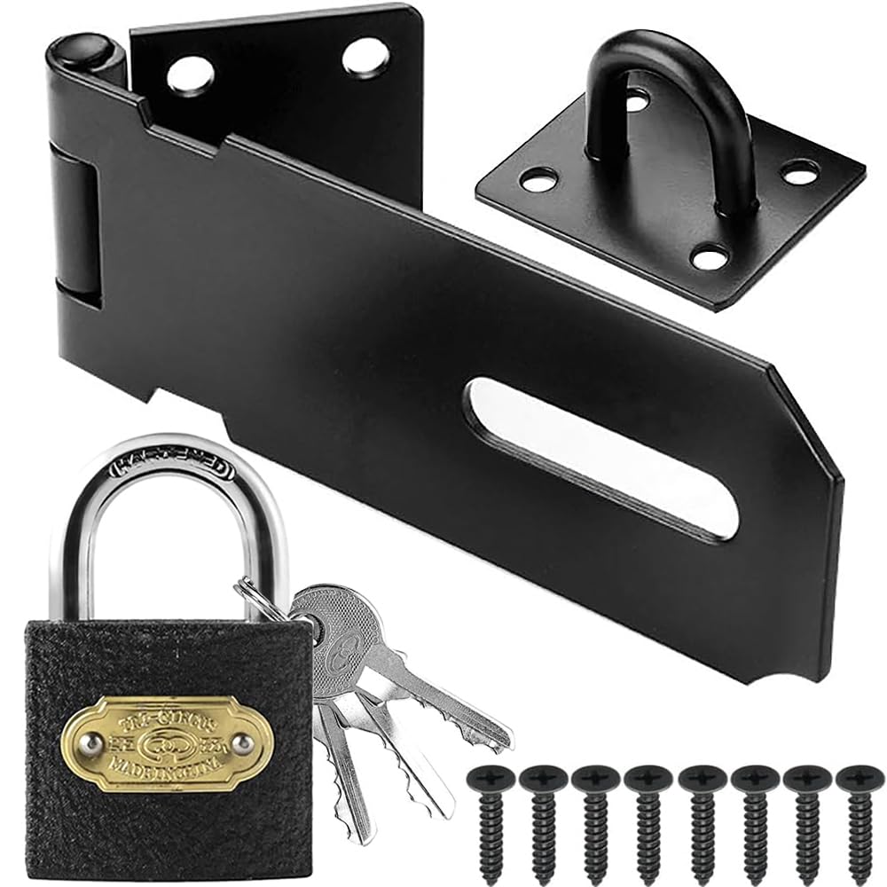 Litensh Stainless Steel Door Locks Hasp Latch with Padlock, 3 Inch Safety Packlock Clasp Hasp Lock Latch, Extra Thick Gate Lock Hasp Clasp Shed Lock for Bedroom Garage Window Black
