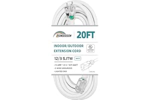 HONDERSON Indoor Outdoor Extension Cord Weatherproof with Lighted End, UL Listed, 12 Gauge 20FT White 3 Prong Heavy Duty Exte