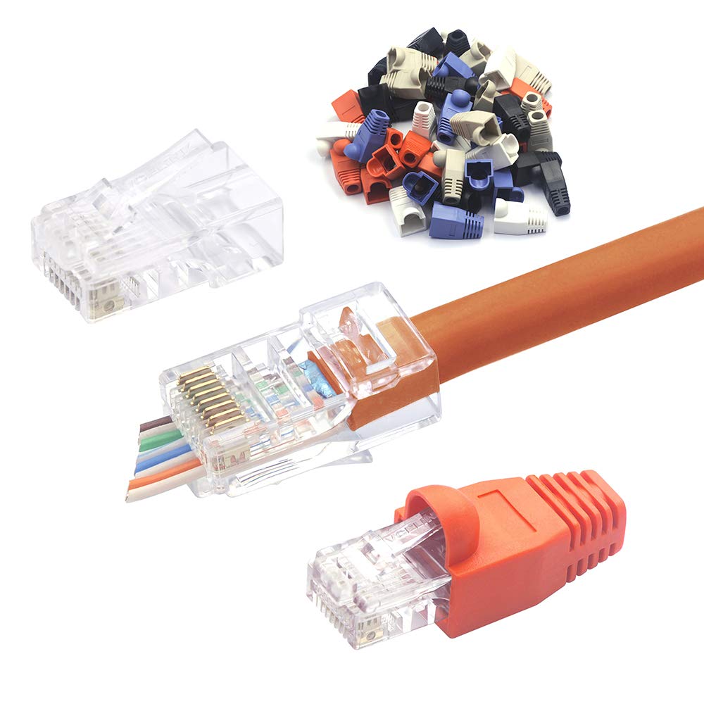 VCELINK Pass Through RJ45 Connector CAT5 CAT5E RJ45 Ends 50pcs with 50pcs Ethernet Boots Cover Total 100pcs