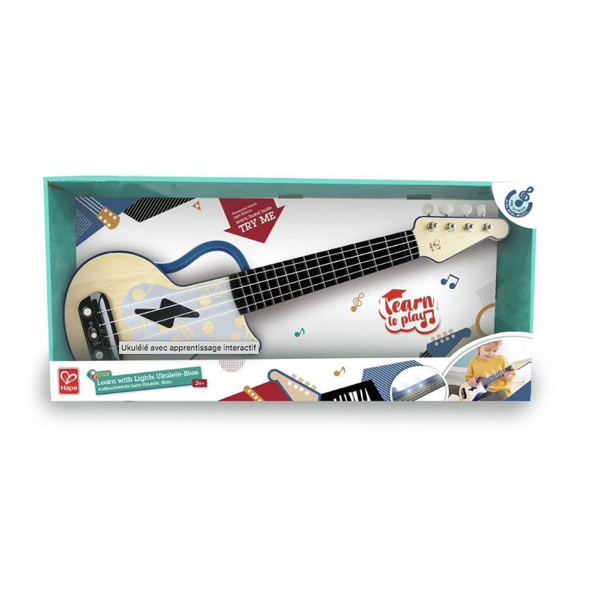 Hape Learn with Lights Ukulele-Blue | Electric Ukulele with Tunable Strings & Guiding Lights for Kids | 3+ Years