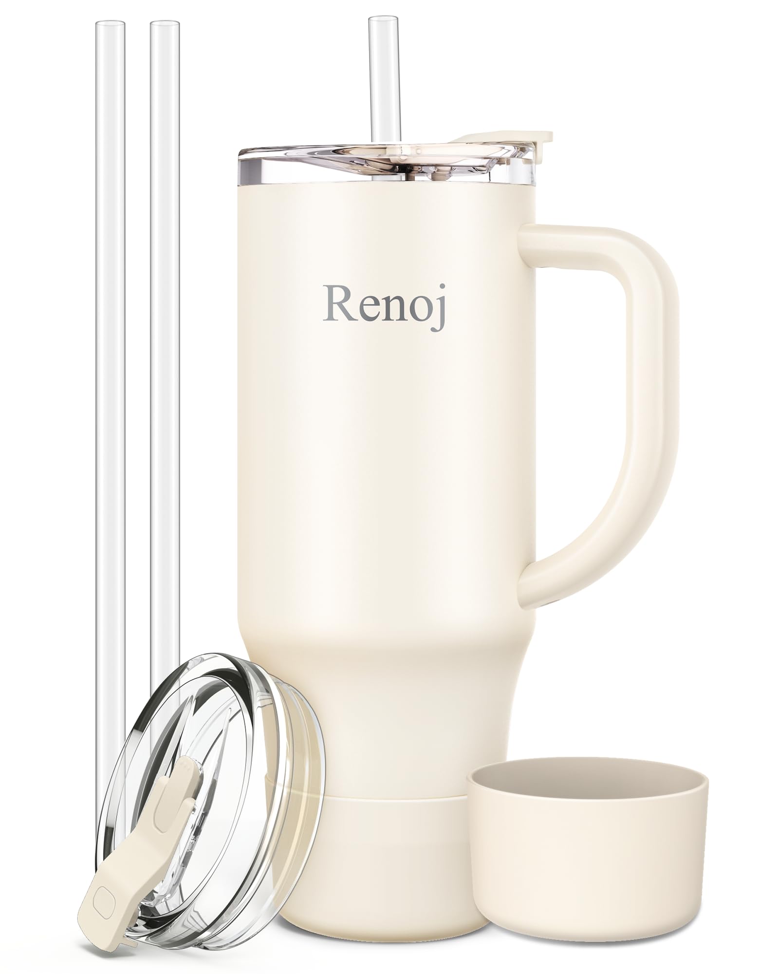 Renoj Insulated Mug 100% Leak Proof Insulated Water Bottle for Iced Coffee & Hot Drinks - Fits Car Cup Holder, Ideal Gift, 2 Straws & Silicone Boot - SnapShift White 40 oz Image